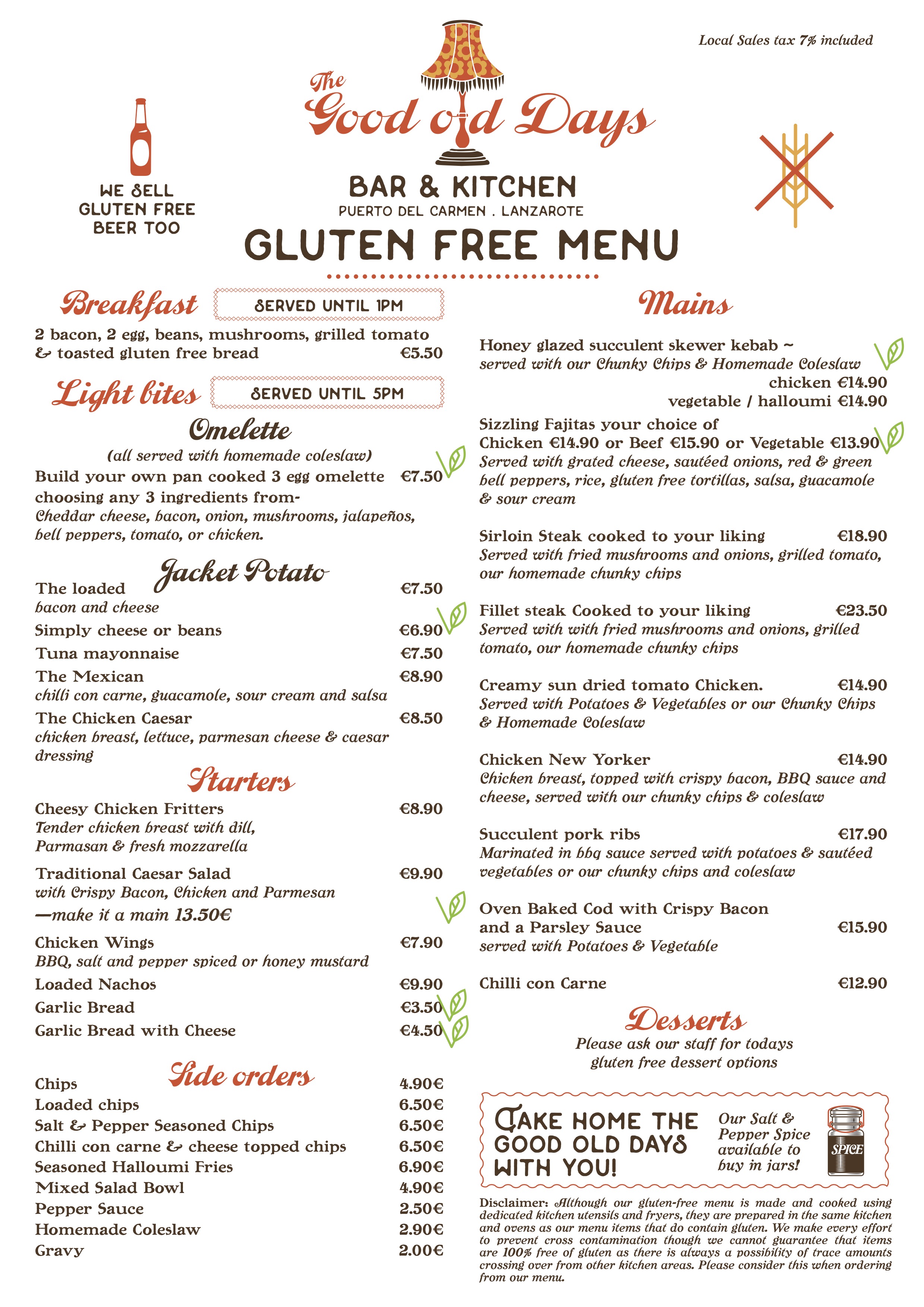 The Good Old Days Gluten Free Menu